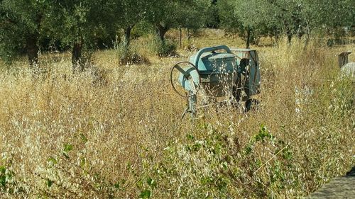 Abandoned motorcycle on field