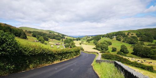 Road amidst green landscape against sky