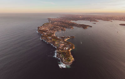 High angle view of sea during sunset