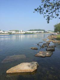 Scenic view of lake against clear sky