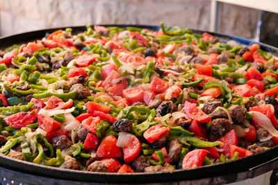 High angle view of vegetables in cooking pan