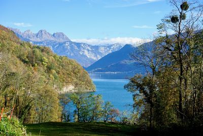 Scenic view of lake and mountains against sky