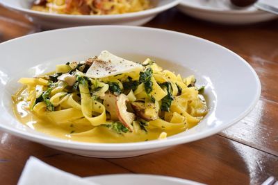 High angle view of pasta served in plate on table