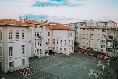 High angle view of buildings in city.school