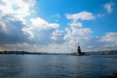 Scenic view of sea against sky in city