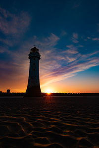 Lighthouse by sea against sky during sunset