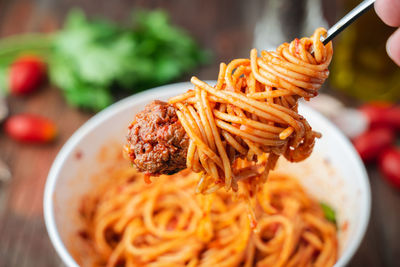 Close-up of noodles served in bowl