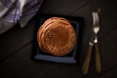 High angle view of chocolate cake on table