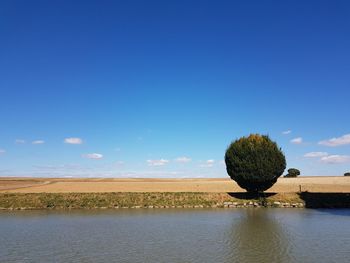 Scenic view of land against blue sky
