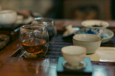 Close-up of a tea table with additional teaware on it