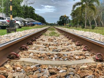 High angle view of railroad tracks against sky