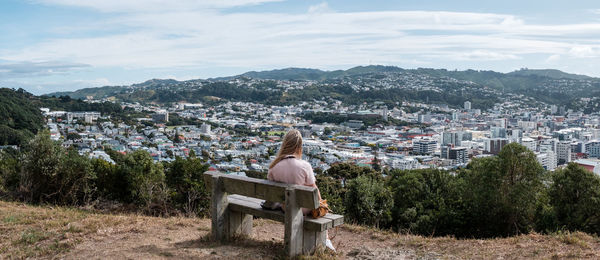 Rear view of woman looking over wellington city