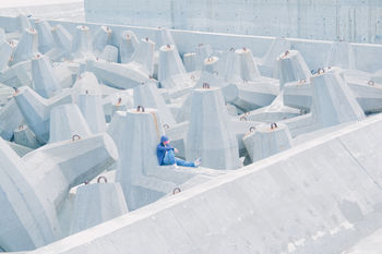 High angle view of man in white structure