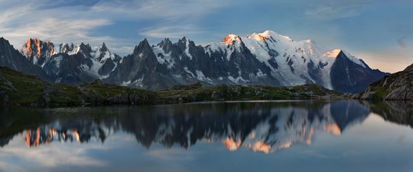 Panoramic view of lake and mountains against sky