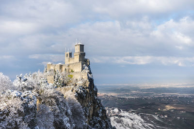 View of the first tower of san marino with snow.