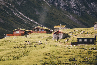 Houses on field by mountain