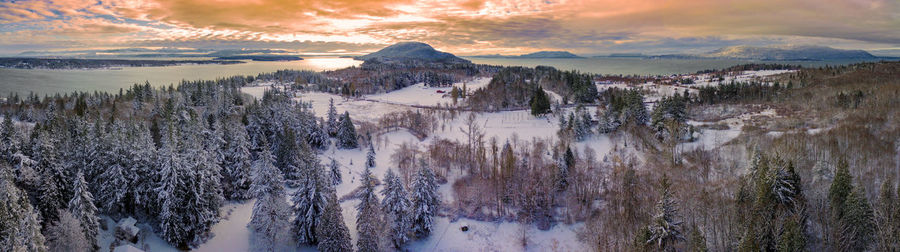 Panoramic view of snowcapped mountains against sky during sunset