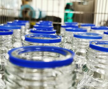 Close-up of blue glass bottles 