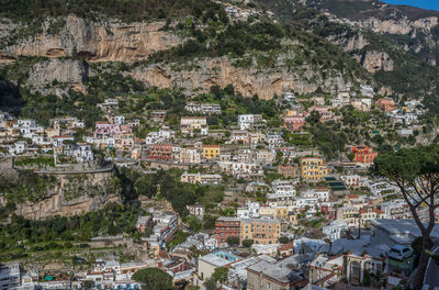 High angle view of illuminated buildings in town