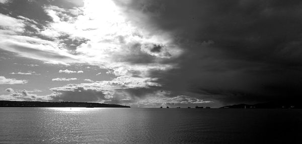 Scenic view of sea against storm clouds