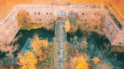 High angle view of plants by old building during autumn