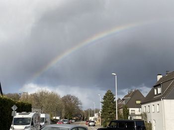 Rainbow over buildings in city