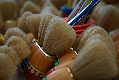 High angle view of shaving brushes in store