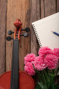 High angle view of pink flowers on table