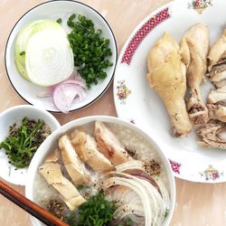 High angle view of food served on table