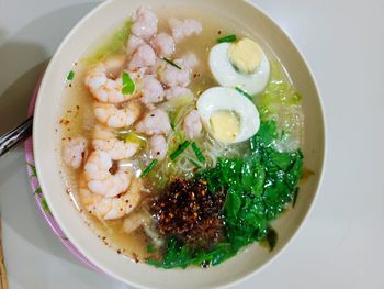 High angle view of soup in bowl