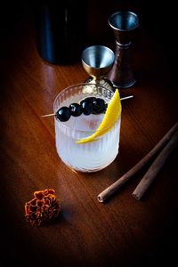 High angle view of drink on table