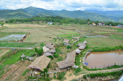 High angle view of agricultural field against sky