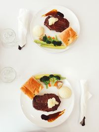 High angle view of food served on table