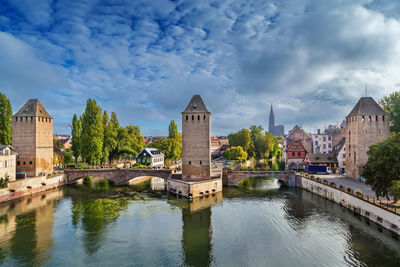 Panorama of medieval bridge ponts couverts from the barrage vauban in strasbourg, france