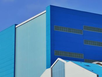 Low angle view of modern building against clear blue sky