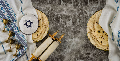 High angle view of food on table against white background