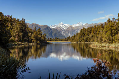 Scenic view of lake and mountains against clear sky