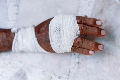 Close-up of cropped injured hand with bandage