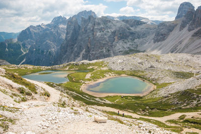 Scenic view of lake by mountains against sky