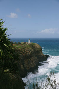 Lighthouse by sea against sky