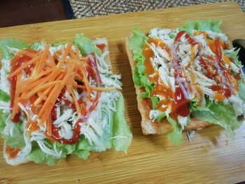 High angle view of chopped vegetables on table