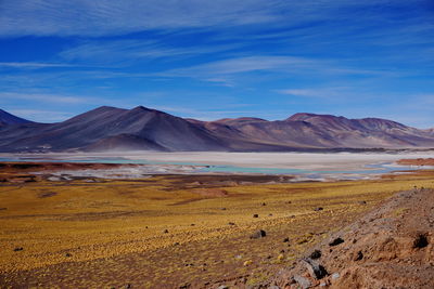 Scenic view of landscape and mountains against blue sky