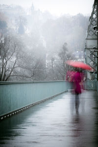 Rear view of woman walking on wet city during winter