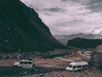 High angle view of car on mountain against sky