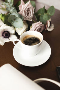 High angle view of coffee on table