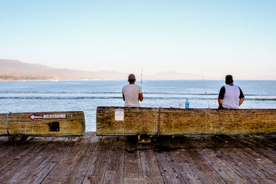 Rear view of people sitting on wood by sea against sky