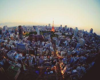 High angle view of cityscape and tokyo tower against sky