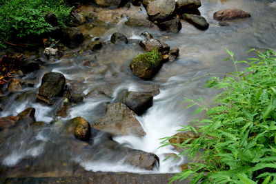 High angle view of water flowing through rocks