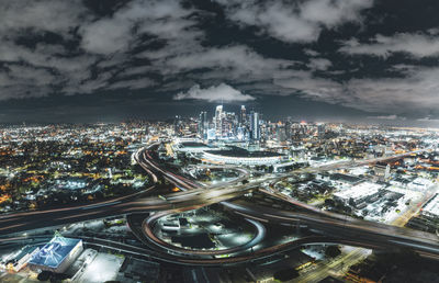 Aerial nighttime shots over downtown los angeles