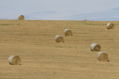 Hay bales on field against sky